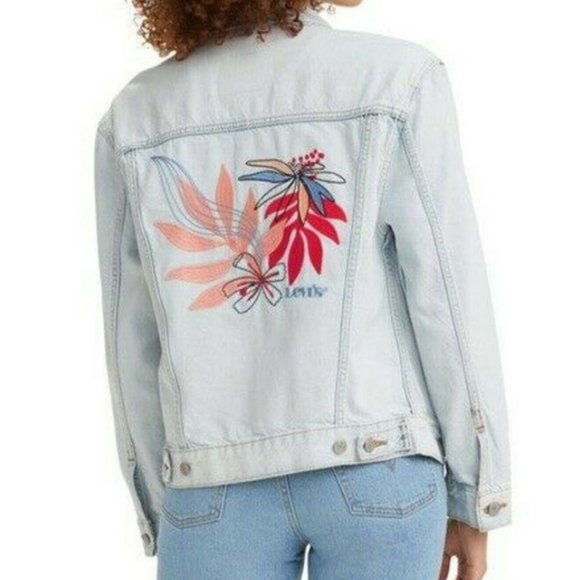 New Levi's Womens Ex Boyfriend Trucker Denim Jacket Floral Embroidered